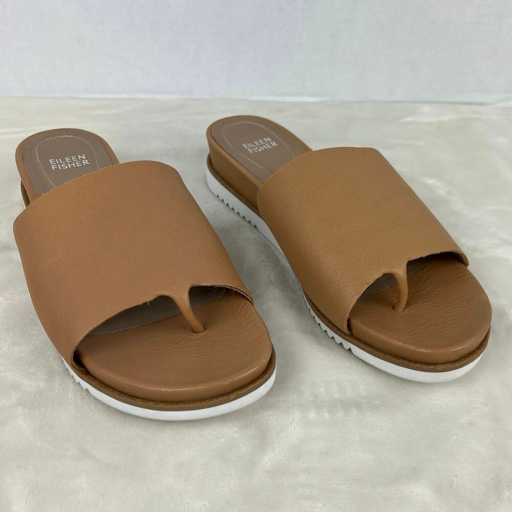 Eileen Fisher Touch Leather Flatform Sandal‎ Size 9 Tan White Platform Thong